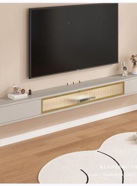 RIZ小户型墙柜极简卧奢窄置物架客厅悬室挂挂式轻岩板纹实木壁电