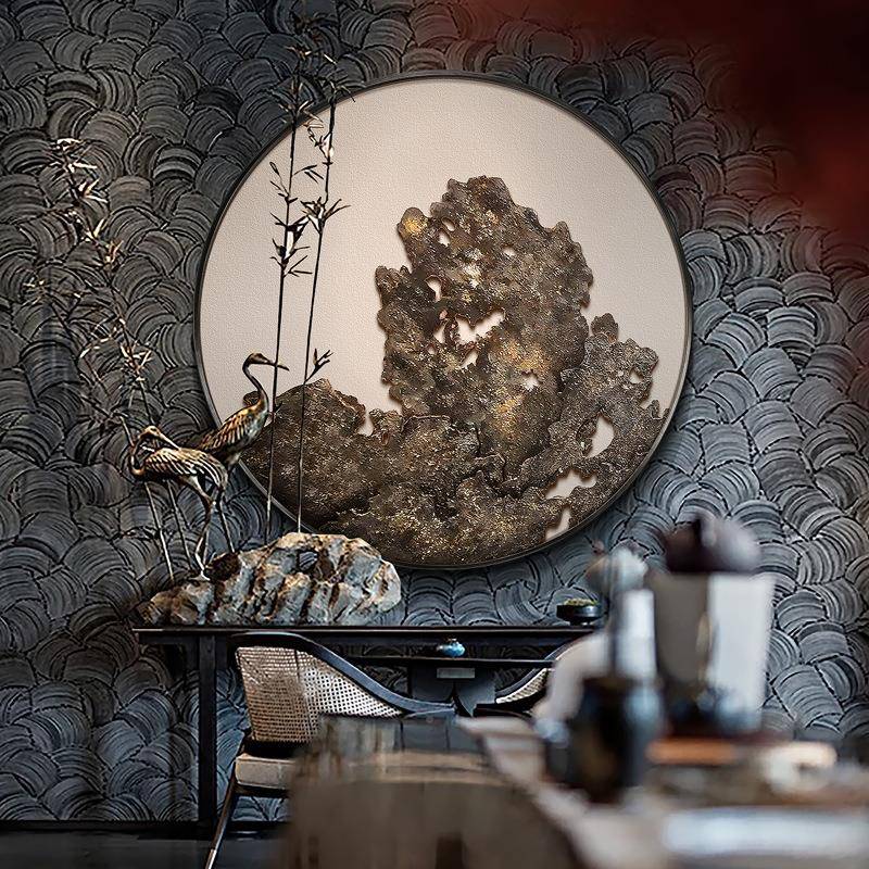 新式入户中酒玄关圆形装饰画太湖清秋浮雕肌物ACY539理实挂画店餐
