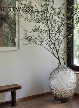博西SS24-085家居大落地醉木灰色水透明锤纹培玻璃花瓶家马居装饰