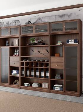 叶中胡桃木D220902博新古架实木书柜组合办公室书架玻璃门展柜茶