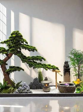 型仿真迎客松罗汉松酒店窗装饰假松树新中式装室tb-75068橱内造景