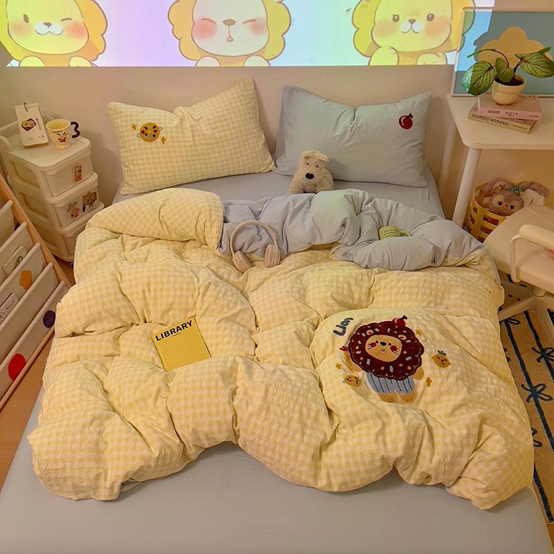 款专版高重四克AIU糯件套新超萌卡通格子双拼毛巾绣软糯水洗棉三