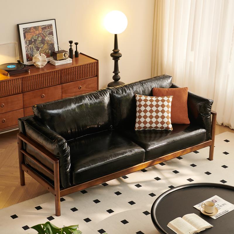 户中古风油蜡皮双人沙2101油蜡发小型三人客位白蜡木复古风皮艺厅