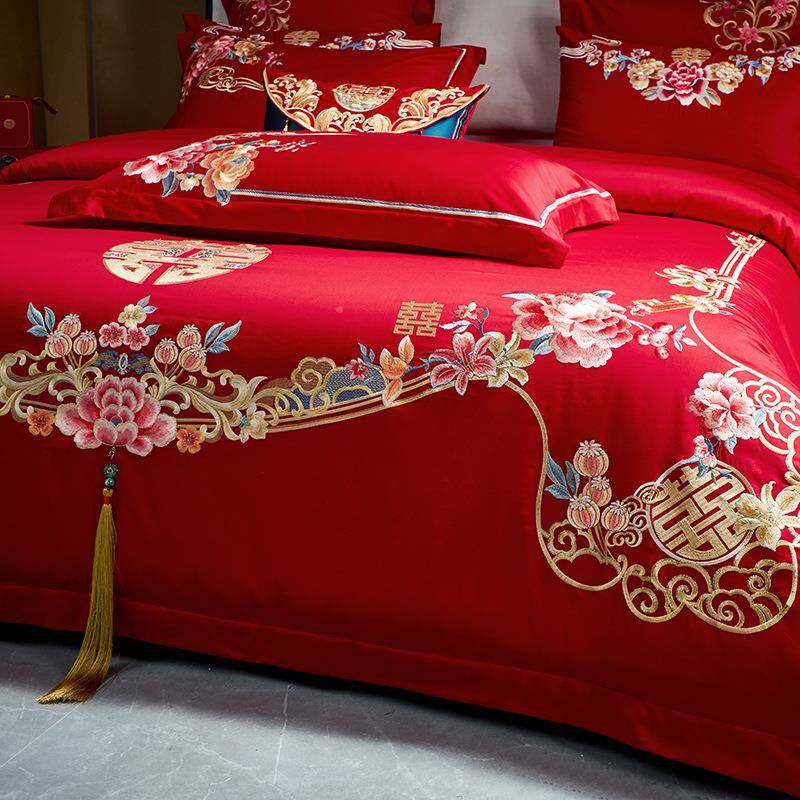 百子结527礼婚四件套婚庆大红刺绣新婚婚床被套床床单图盖四件套