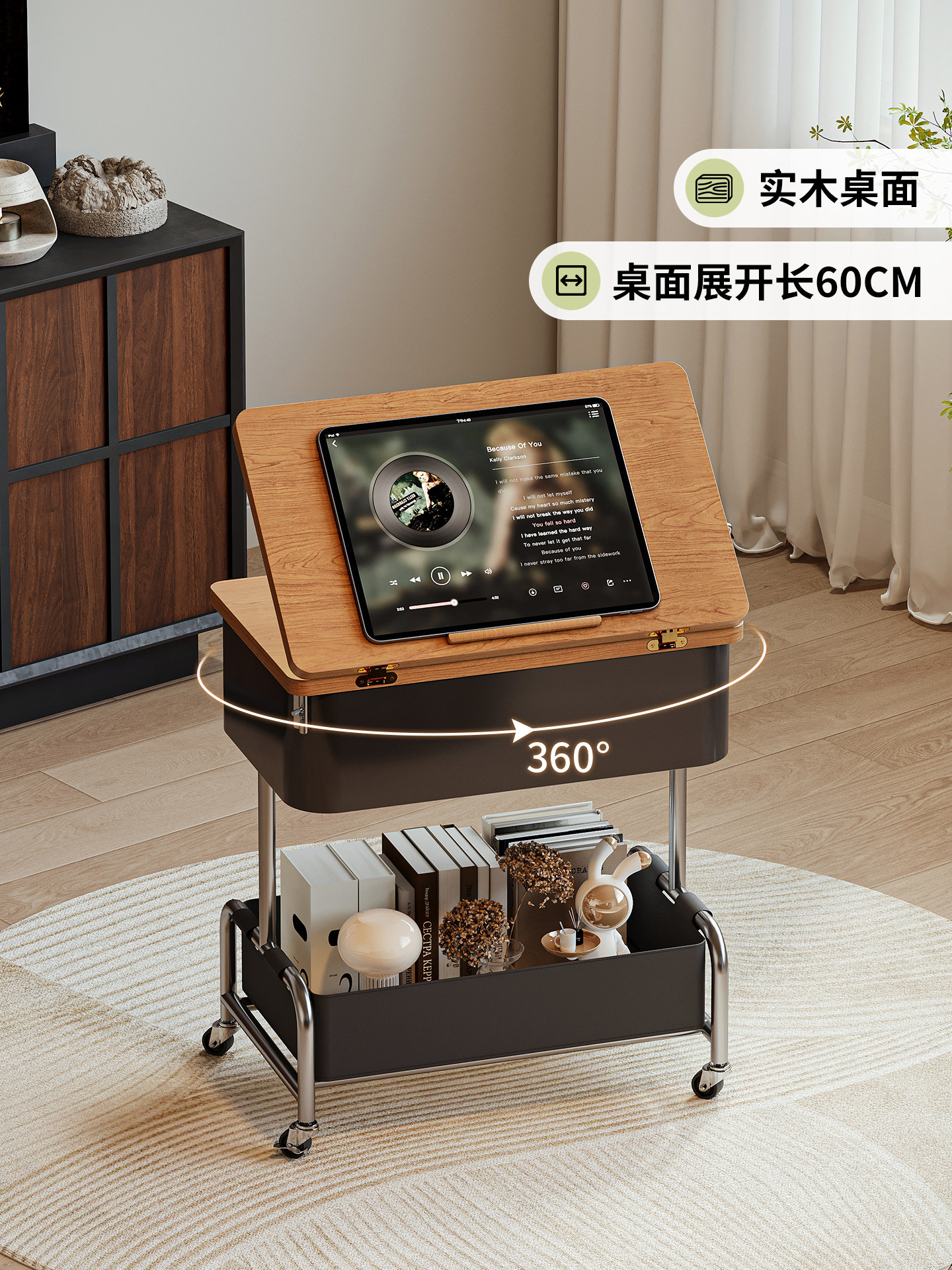 中古风小推车带桌板客厅可移动折叠边几家用实木多功能沙发小茶几