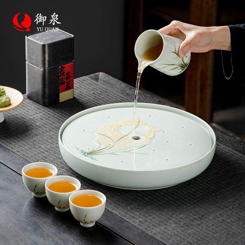 御泉颜值陶瓷茶盘圆干泡台家用绘功默认项手夫高茶盘储水托形盘小