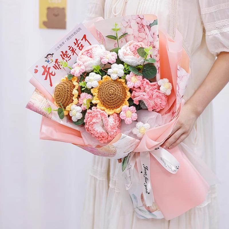 中高考毕老业感谢仿真日葵混搭花束向手工针织花束编织师毛线花送,家居饰品,餐桌花艺,淘宝优惠券,粉丝福利购,淘宝优惠卷