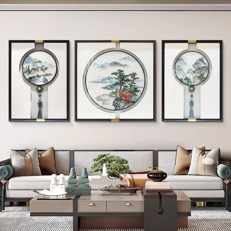 新中式刺绣三联画手工立体感山水画实物苏绣画挂画客厅沙发墙壁画
