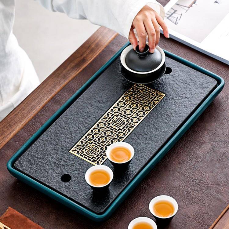乌金石茶台圆形茶盘陶瓷简约家用小型储水干泡台排水石头托盘茶具