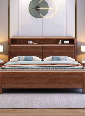 中式榫卯桃木硬靠实KZT用木床现代胡简约主室卧双人床家卧高箱储