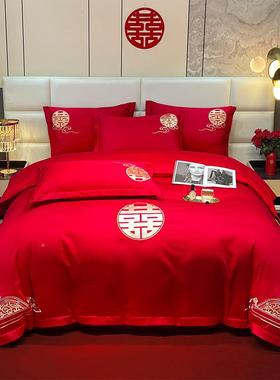 高档婚庆四件套大红喜绣被全棉中式刺房RCL新结床婚嫁礼床笠单上
