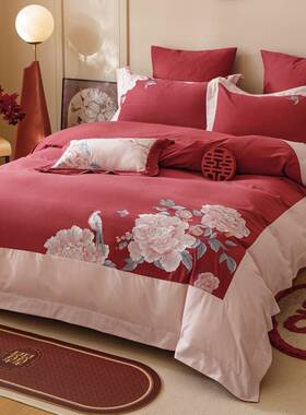 新中式婚庆棉磨毛刺四套花鸟全绣被SY套件床上用品红色结婚