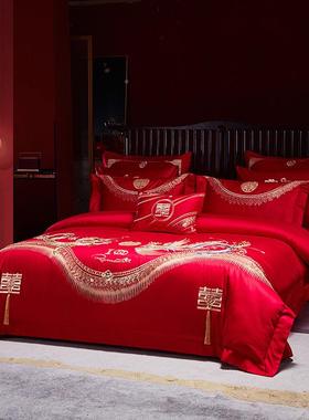 新款MNG121910花S长绒棉贡缎提0龙凤刺绣婚庆四件套4结婚大红床品