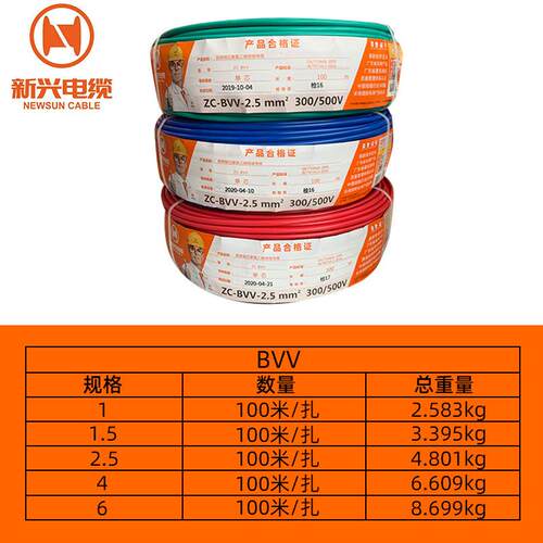 新兴BV1V铜芯家装线电线0/1米6713/25/国35平方标工厂装修电线