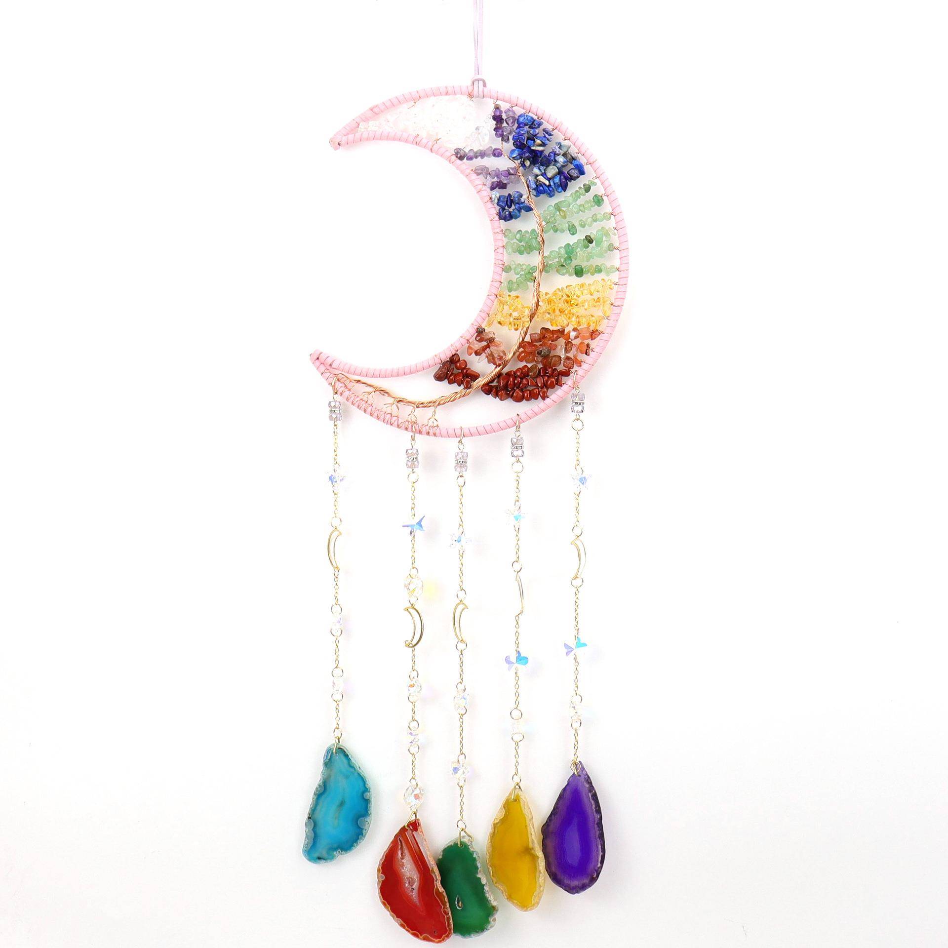 手工绕线天然水晶碎石生命树月亮太阳捕手挂饰风玛瑙片铃挂件T34