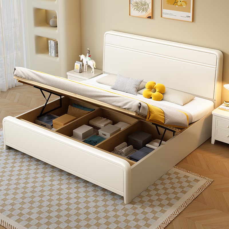 全实木床1.8米双人床现代简约卧室工厂直销气压抽屉S1.5白色收纳