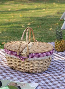 盖手提篮藤编品小篮子户外VAK野餐篮竹编花篮田园水果带用篮