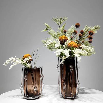 AYF轻奢复古创意曲线琉璃件花花艺摆客厅仿真花组合瓶套装板样间