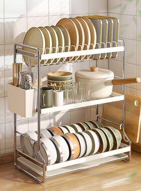 不锈钢沥水架厨碗碟筷收纳架奶油色碗架粘板筷笼一体多ITZ层房物
