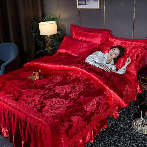 71TX欧式贡缎提花床裙四件套婚庆大红结婚庆被套4件纯棉床上