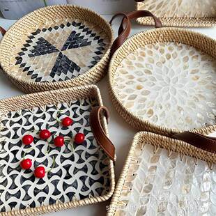 贝藤编纳筐贝壳盘水果收盘壳面包篮零工食托盘创意手白藤编织盘