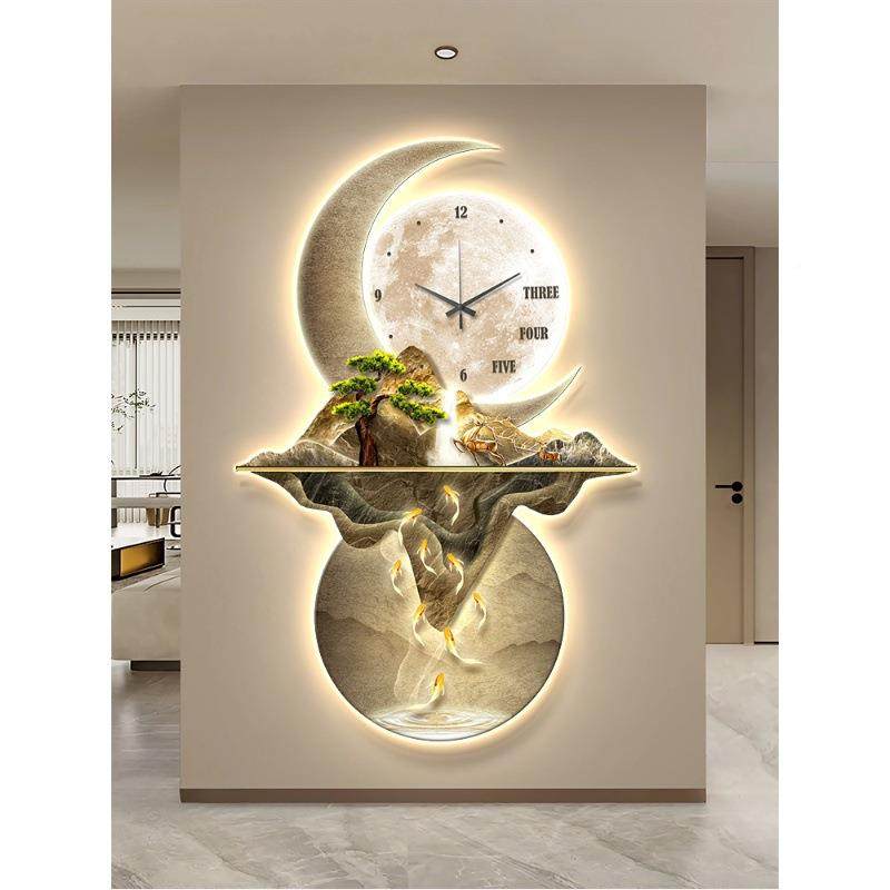 轻九鱼玄关装饰画山水画新中式11123122带钟表廊过奢道挂画新图款