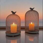 美式 乡村网格铁艺25W348烛台鸟造型复古灰蜡空烛笼饰托民宿装 镂蜡