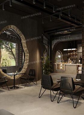 工业风咖ESV啡厅桌椅暗组合奶椅茶店酒吧清吧沙发网红黑风黑色桌
