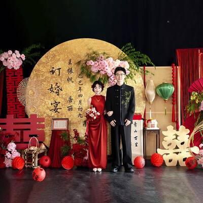 订婚布置摆装饰新中式方台件全套仿真简单高级花kt48板女家里背景