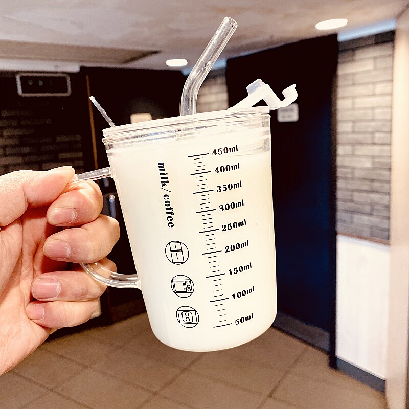 刻度牛奶杯早餐杯子家用燕麦咖啡大容量带盖勺吸管玻璃杯大人水杯