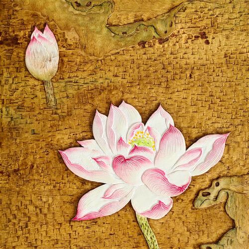 荷花莲花实木雕刻手工木刻版画立体浮雕彩绘客厅背景墙装饰壁挂画