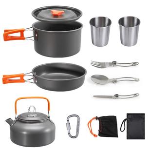 户外野营DS 308套锅茶壶餐具不锈钢杯套餐组合便携野餐炊具套装