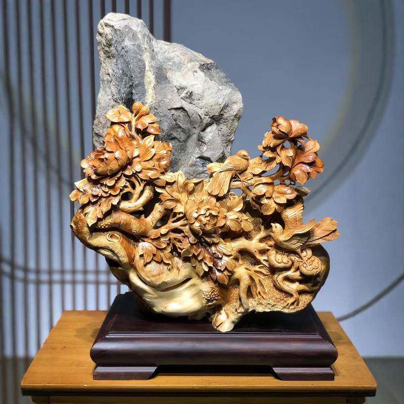 太行崖柏根雕花鸟摆件雕刻蝴蝶兰君子兰牡丹花迎客松木雕摆件