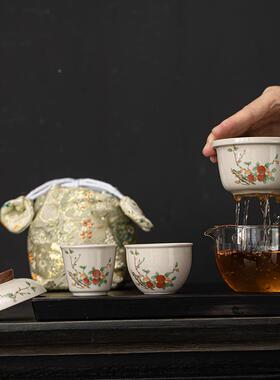 中式草花多系列木行茶具套组47503功夫茶灰具户外便携一壶二杯旅