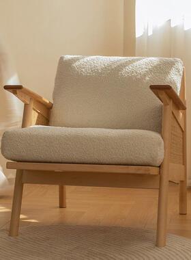 北欧日休式实CIZ沙发椅调心复古木客厅木单人沙实发阳台闲扶手藤