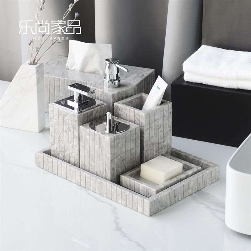 条纹款天然大理石浴室用品套件样板间软装洗手台香薰摆件洗漱套装