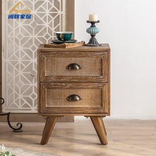 249约民宿简复古美式 床头柜实木双抽储室物户小型收纳柜卧藤编床
