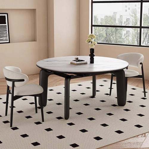 木舒中古折B1-001叠与实木岩风板餐桌奶油古黑色美式法式伸缩复可