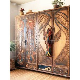 中古风手绘柜2409054 佐仕储物柜泰国实木彩衣绘做旧新中柜 式