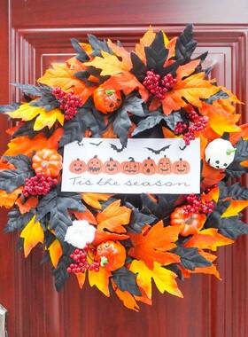 OYU跨万枫圣节仿真南瓜花环境鬼圈节黑色叶花人造南瓜万圣节花环