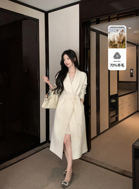 1XTWO北岛冬日 高级感无扣翻领羊毛大衣女气质通勤中长款毛呢外套