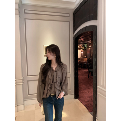 1XTWO柔美氛围 层次感荷叶边系带长袖衬衫女通勤捏褶宽松轻薄衬衣