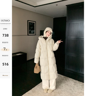 1XTWO 伯尔雪岛 连帽长款羽绒服女冬季保暖90白鸭绒宽松过膝外套