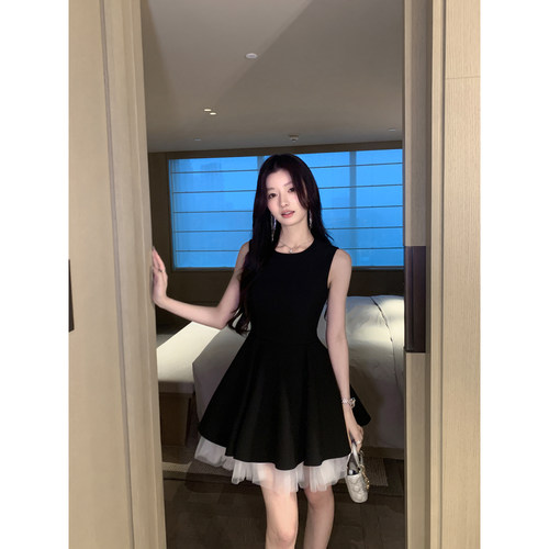 高级感无袖连衣裙收腰蓬蓬小黑裙