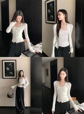 1XTWO 高知淡人 v领喇叭袖针织开衫女气质短款吊带背心两件套上衣