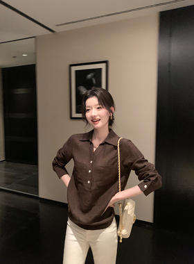 1XTWO 经典智性 老钱风1OO亚麻长袖衬衫女通勤翻领宽松休闲衬衣