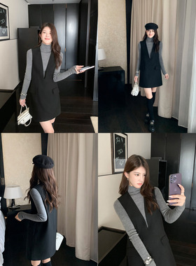 1XTWO 智性系列 气质叠穿深V领背心裙女秋冬通勤短款无袖连衣裙