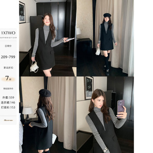1XTWO 智性系列 气质叠穿深V领背心裙女秋冬通勤短款无袖连衣裙
