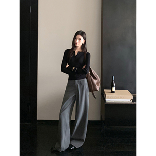 女黑色宽松通勤直筒长裤 1XTWO 裤 高级感阔腿休闲西装 子 飒美老钱
