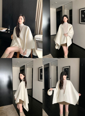 1XTWO奶芙千金 白色羊毛双面呢斗篷外套女高级感宽松慵懒呢子披肩